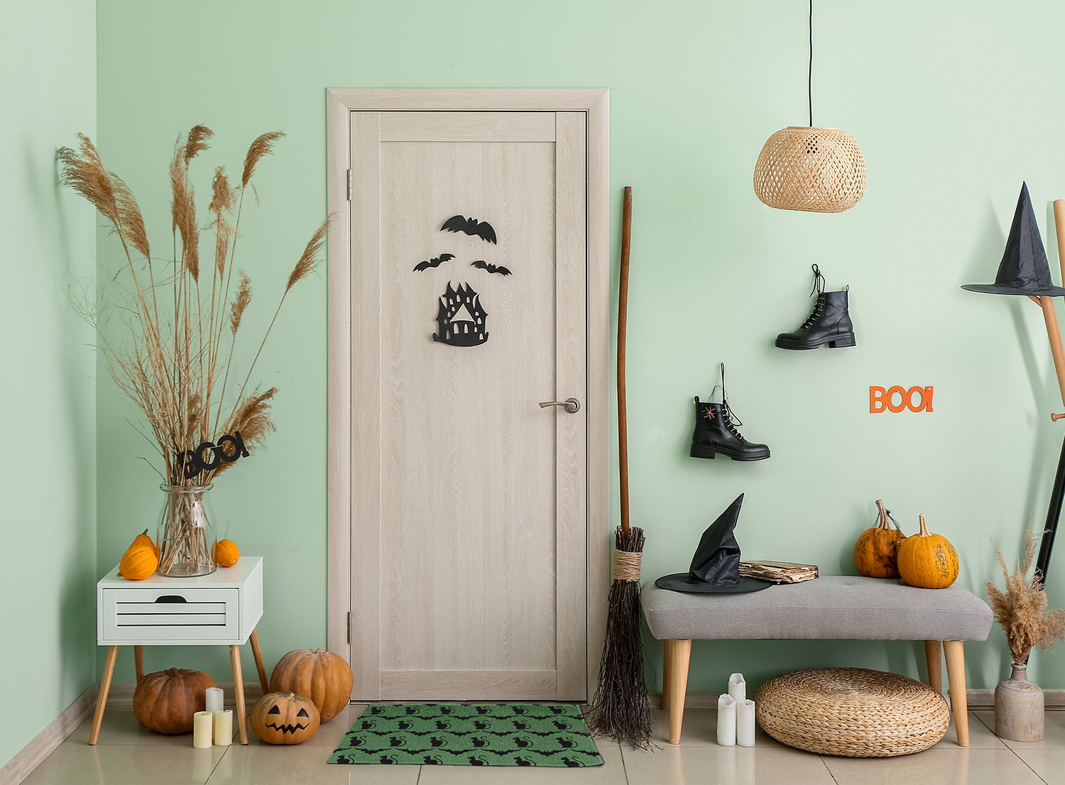 Simply Daisy Cats and Bats Sage Halloween Chenille Area Rug, 18" x 30"