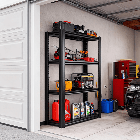 Metal Garage Shelving Unit, 4-Tier Adjustable Large Storage Shelves, 2000LBS for Garage, Basement, Pantry Industrial Steel Shelving, Ideal for Tool Organization, Black, 44" H x 25" W x 14" D