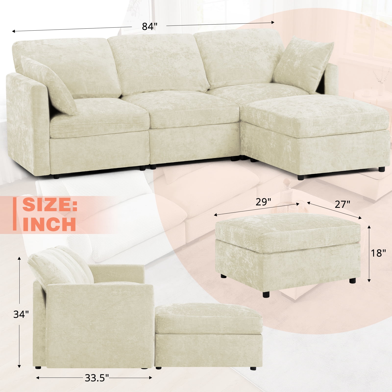 ACMEASE 84” Chenille 3 Seats Sofa W/Movable Ottoman, Modern Fabric L-Shaped Couch with Soft Backrest, Upholstered Sectional Sofa with Armrest Pillows for Living Room, Office, Beige