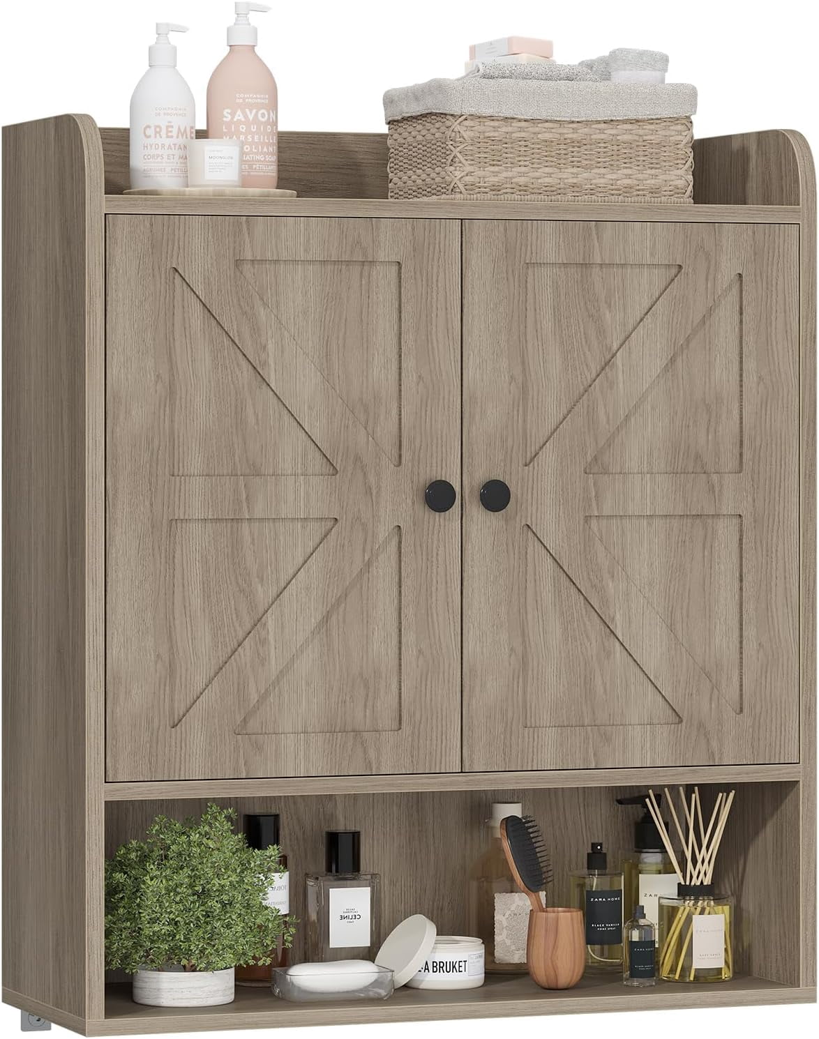 POAO Bathroom Wall Storage Cabinet, Wooden Medicine Cabinet with Adjustable Shelves and Double Barn Doors, Over The Toilet Storage Cabinet, Oak Grey