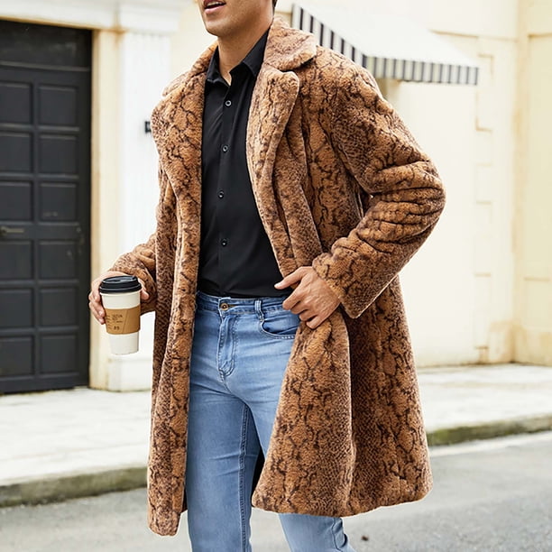 Pisexur Mens Winter Jacket Mens Warm Faux Furry Long Coat Jacket