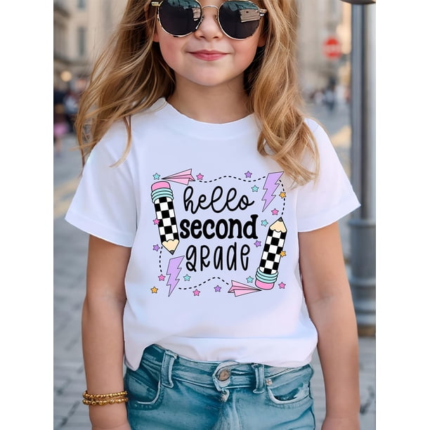 Hello Second Grade Printed Short Sleeve Girls' Casual Crew Neck T-Shirt, Breathable Knit Fabric, Perfect for School & Casual attire, Shirts for Girls