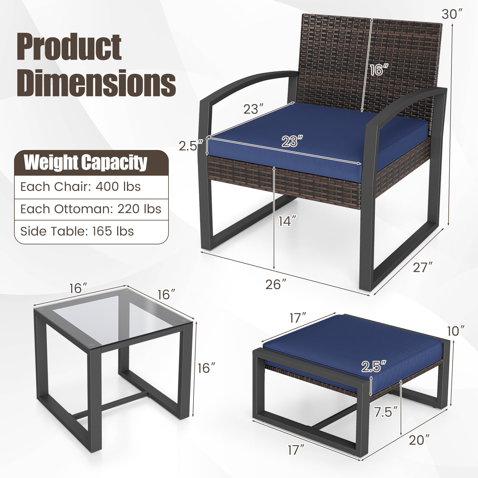 Costway Outdoor Furniture Set, Patio Rattan Conversation Set for Balcony,Porch, Backyard Mix Brown + Navy Blue