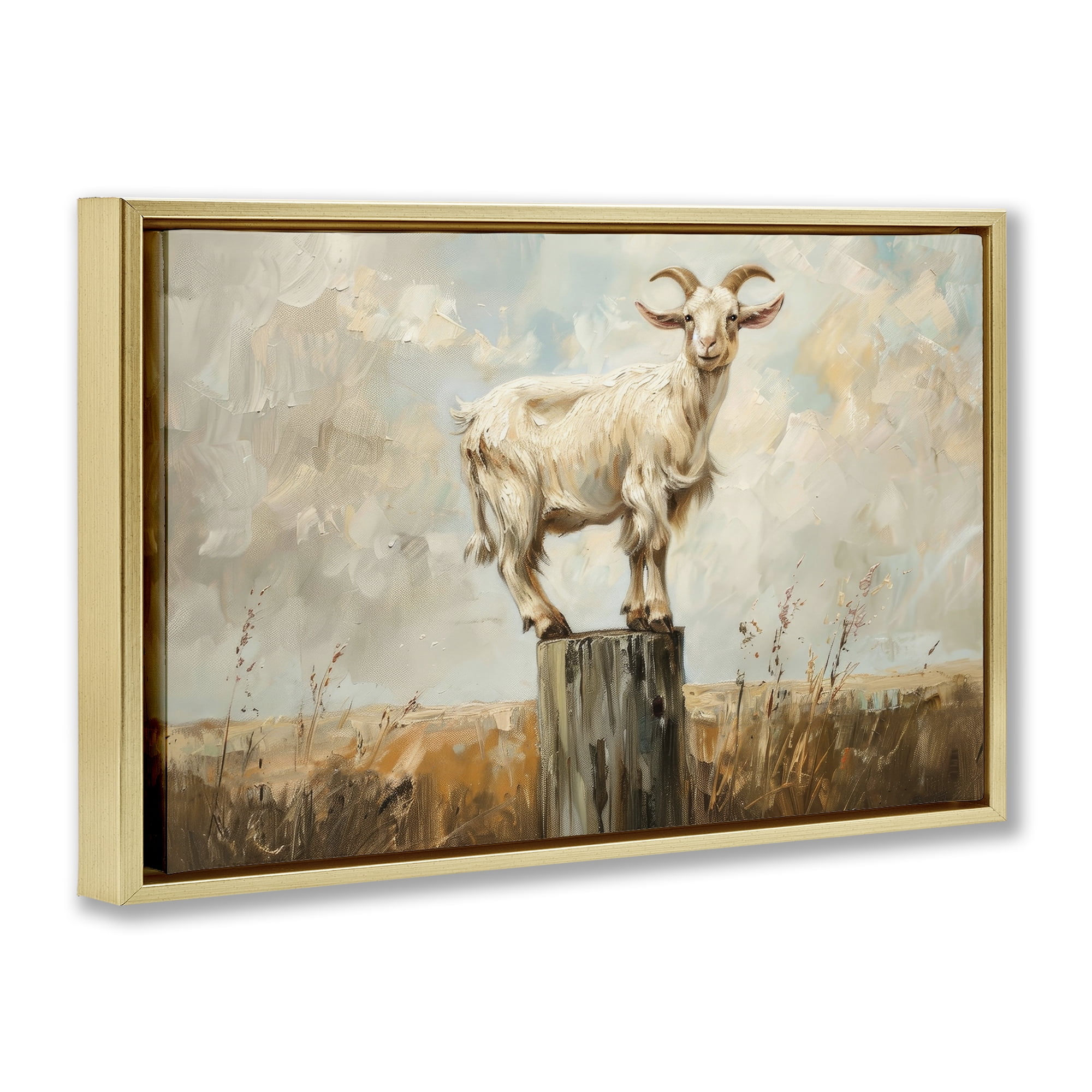 Stupell Industries On The Fence Goat Animals & Insects Painting Gold Floater Framed Canvas Art Print Wall Art, 31 x 21