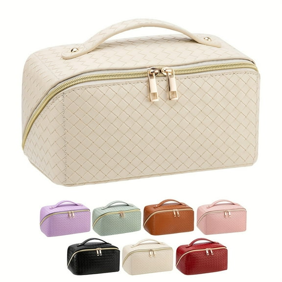 Large Capacity Travel Makeup Bag for Women, Waterproof Portable Cosmetic Bag with Compartments, Foldable Flat Lay Design for Easy Access, Perfect for Toiletries & Beauty Essentials