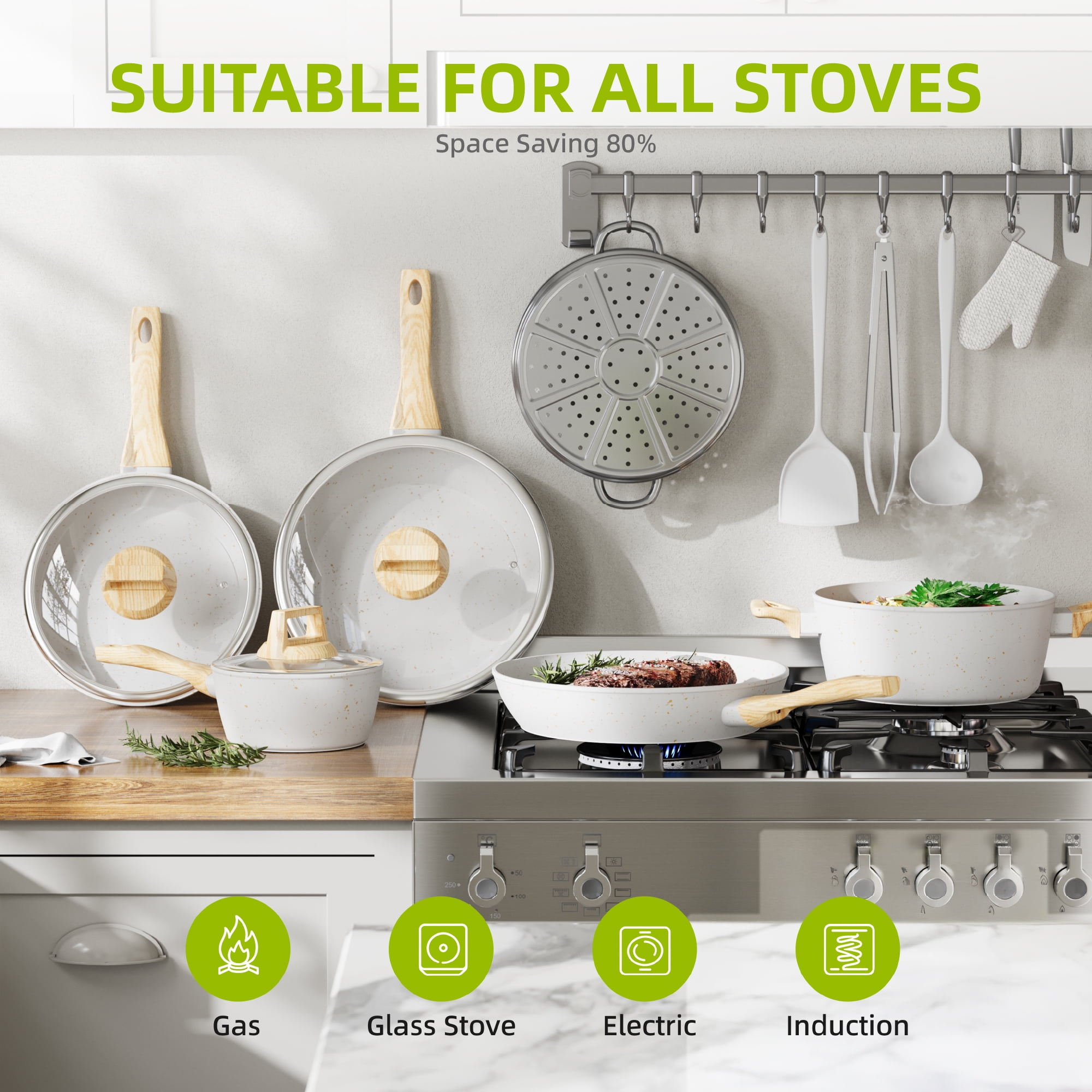 Furnibear 16pcs Nonstick Pots and Pans Set, Ceramic Cookware Set with Steamer and Cooking Utensils, for RV and Camping White