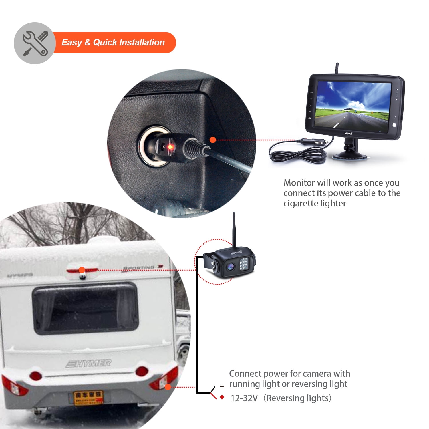 Yuwei 7-Inch Wireless Backup Camera with Weatherproof, Brackets, Cigarette  Lighter