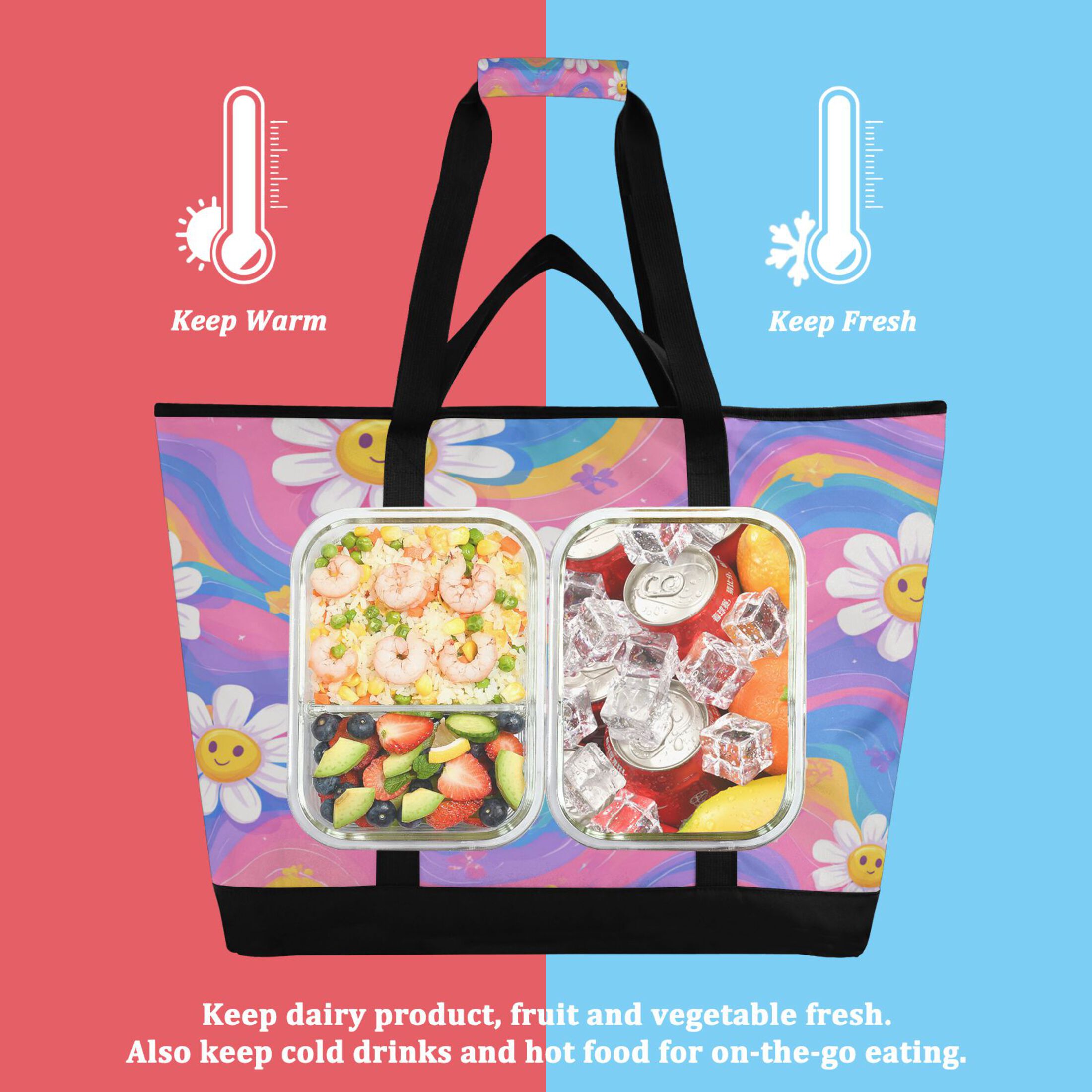 Extra-Large Wide Opening Design Capacity Hand-Held Ice Pack Thickened Insulation Layer For Long-Lasting Cold Retention For Outdoor Shopping Picnics And Camping Adorable Daisies
