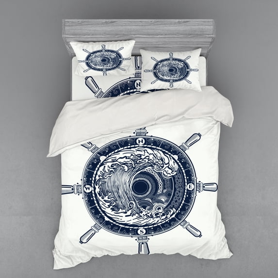 Ambesonne Adventure Bedding Set 4 Pcs, Sea Compass Tsunami, Queen, Dark Blue White