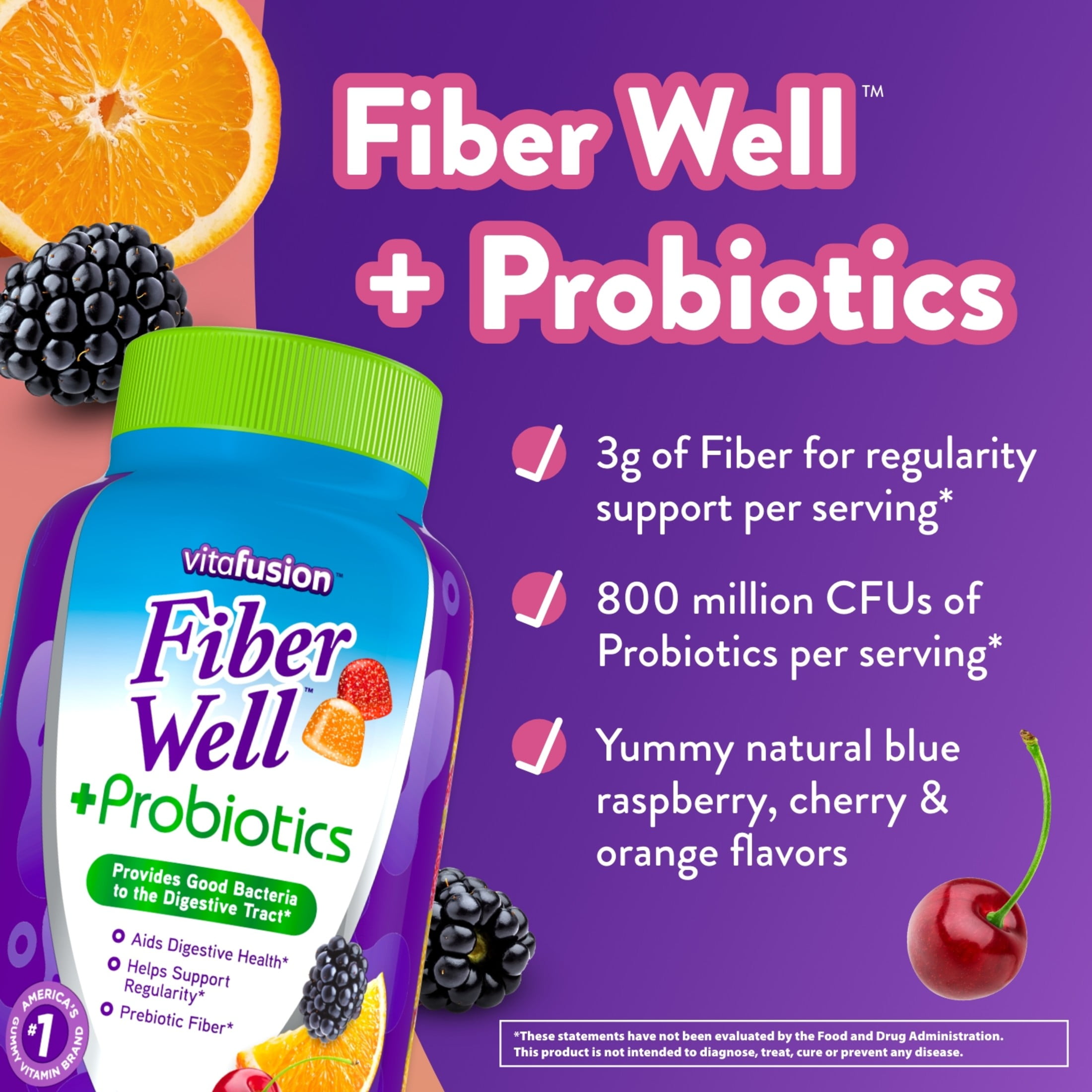 Vitafusion Fiber Well + Probiotics Gummies for Adults – 3g Fiber per serving for Digestive Health and Probiotics*, 60 count