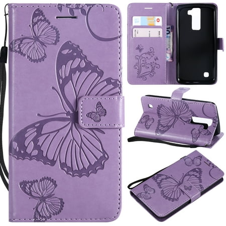 LG K8 K7 Wallet case, Allytech Retro Embossed Butterfly Flip Case Soft TPU Flower Inner Bumper Card Holder Wrist Strap Protective Phone Case for LG K7 / K8 / Escape 3 / Tribute 5 (MA1380), Purple