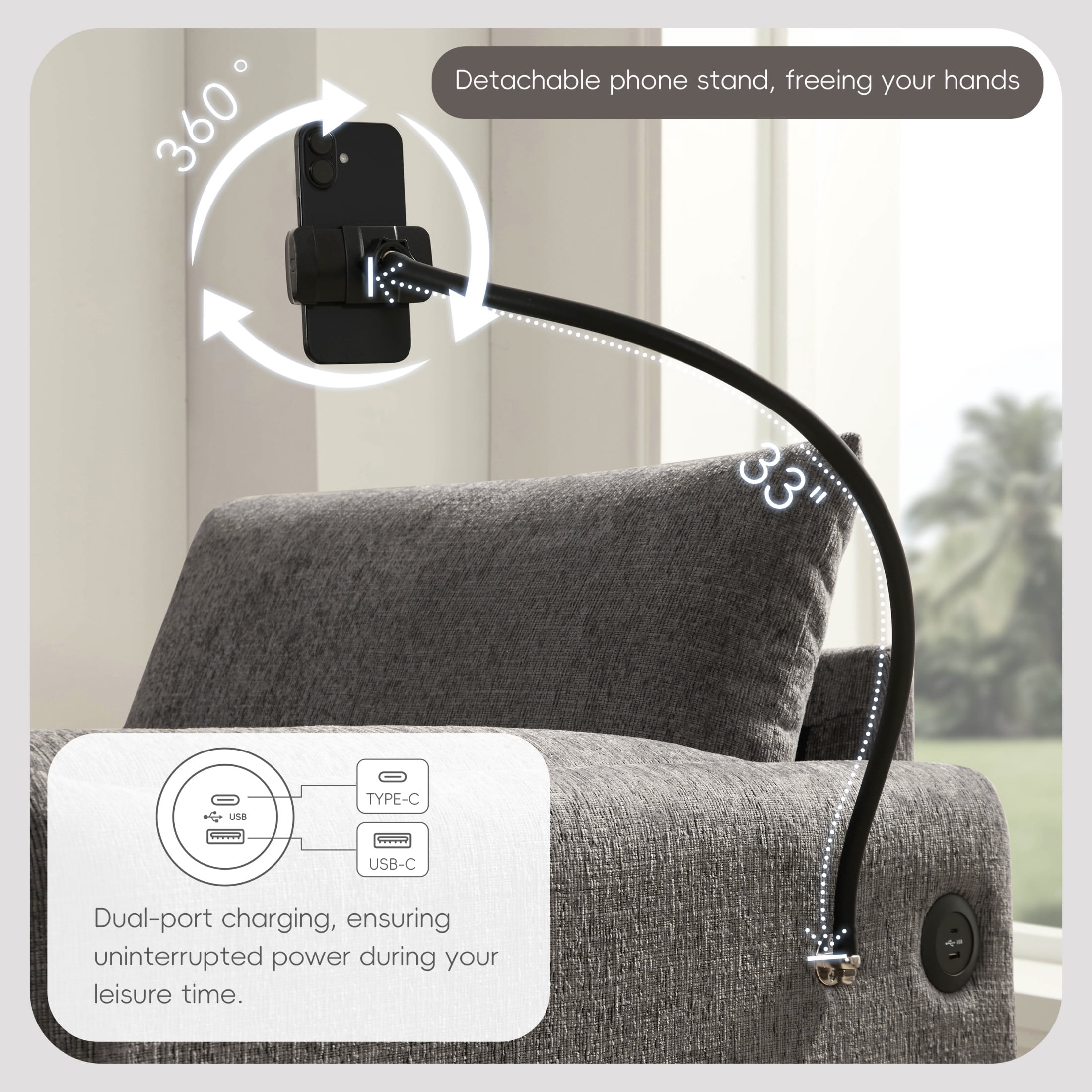 Noble House Odette 37" Chenille Upholstered Armchair with Storage Ottoman and Charging Port, Cloud Chaise Lounge, Gray