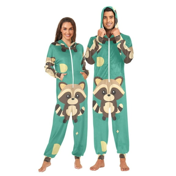 Raccoon Repeat Pattern Adult onesie Pajamas, Crystal Velvet Ultra Soft Warm Jumpsuit for Men and Women