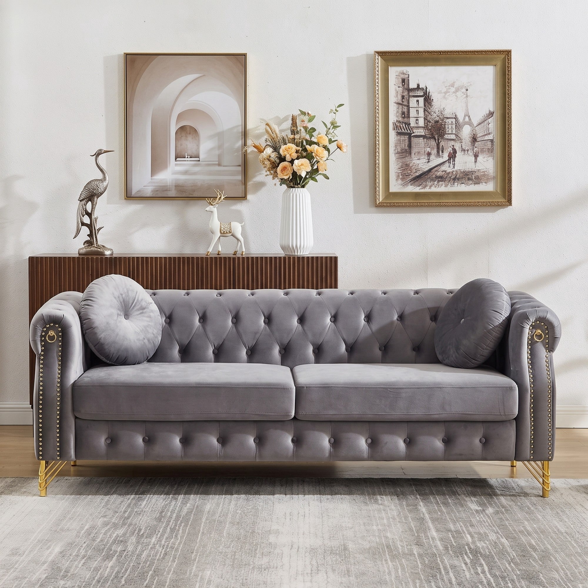 Sailvan 82" Velvet Chesterfield Sofa, Tufted 3-Seater Couch with Gold Metal Legs & Copper Studs, Luxury Living Room Furniture Grey
