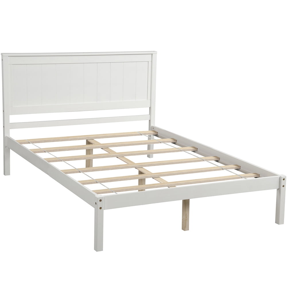 White Full Bed Frame, Modern Wood Platform Bed Frame with Headboard ...