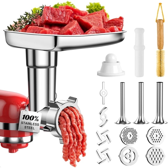 Stainless Steel Meat Grinder Attachment for KitchenAid Mixer, Dishwasher Safe Food Grinder Attachment Anti-Corrosion, 18-Piece Set Includes 3 Seamless Sausage Stuffers, 4 Grinding Plates