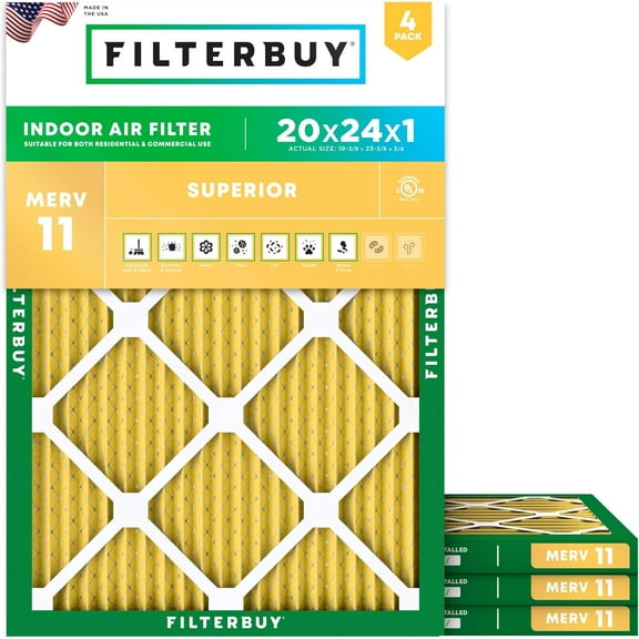 Filterbuy 20x24x1 Air Filter MERV 11 Allergy Defense, Pleated HVAC AC Furnace Filter Replacement, 4-Pack