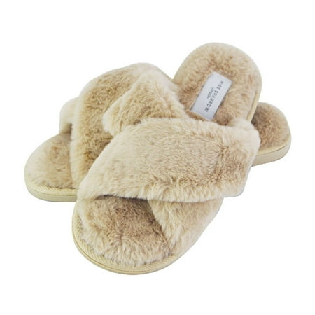 

Miss Sparrow - Womens Open Toe Bedroom House Slippers | Soft Fluffy Plush Cozy Crossover Sliders