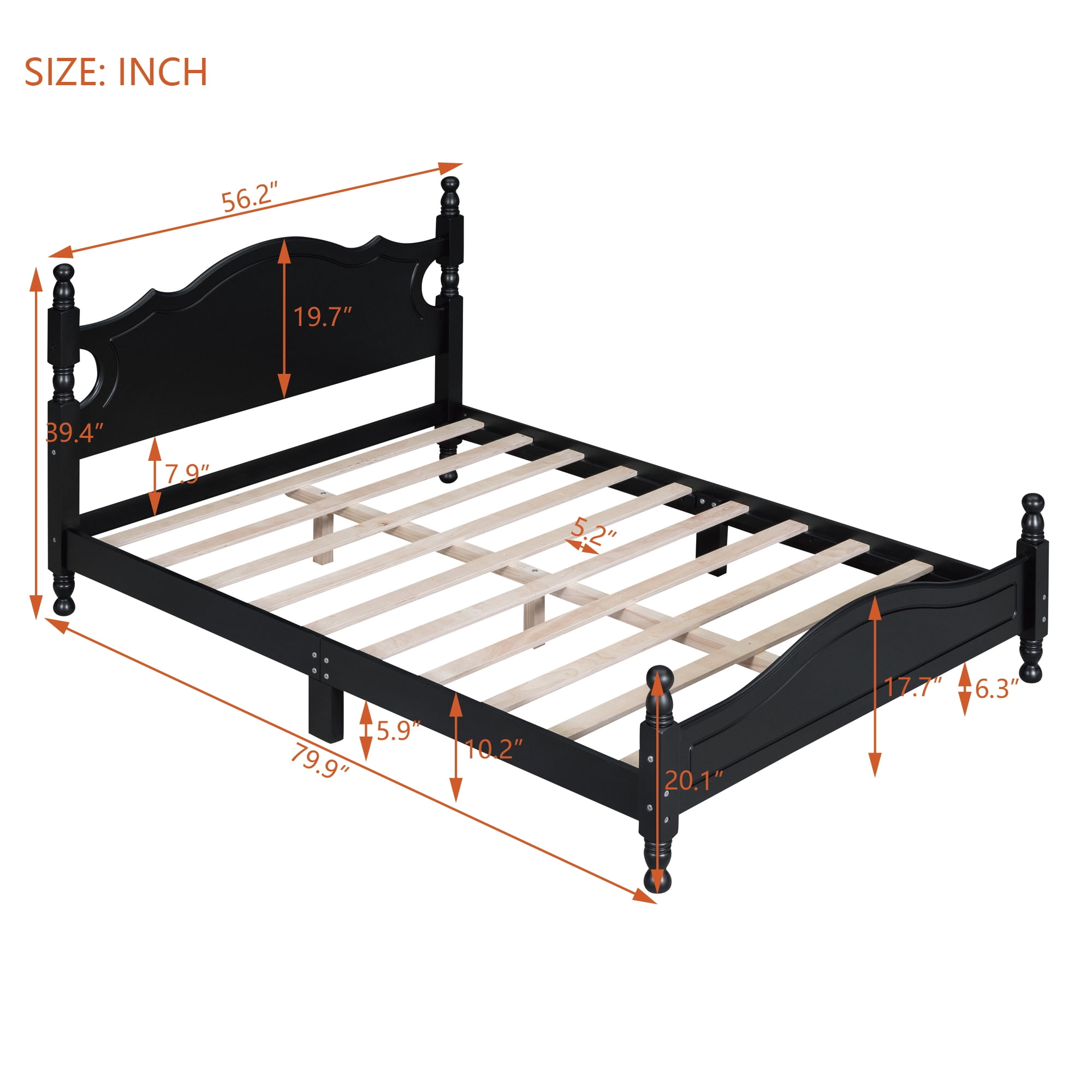 Euroco Wood Full Size Retro Style Platform Bed, Black