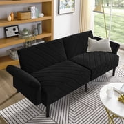 Bedluxury Velvet Futon Sofa Bed,87'' Loveseat Sleeper Sofa Bed Couch with Adjustable Armrests for Small Spaces,Mid Century Modern Sofa(Black)