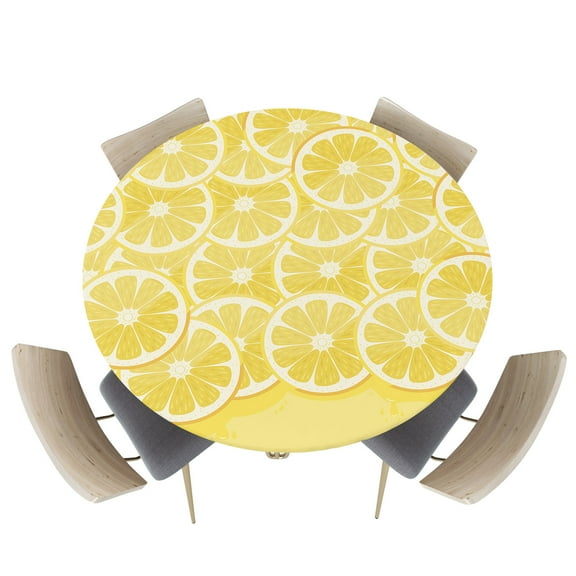 Fitted Round Tablecloths Table Covers 55-60in,Summer Farm Lemons Slice Waterproof Elastic Edged Table Cloth for Kitchen Dining Holiday Party Tables Decor,Watercolor Yellow Fruit