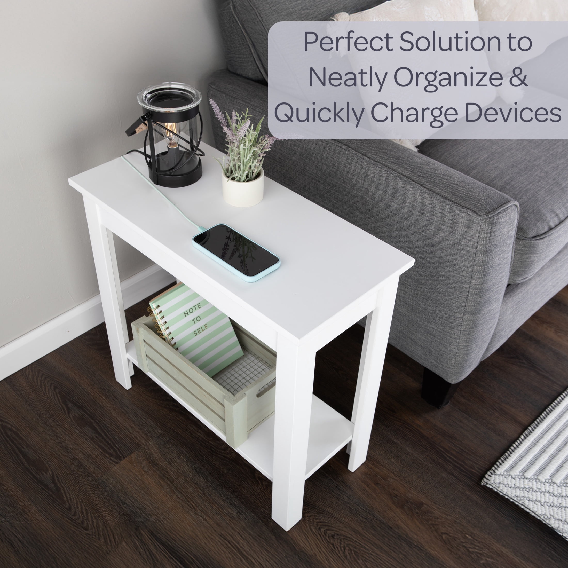 Lavish Home Narrow Side Table with Charging Station and Storage Shelf