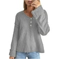 thumbnail image 1 of IROINID Women's V-Neck Pullover Sweater Solid Color Comfy Short Length Long Sleeve Button Knit Sweater Coat, 1 of 7