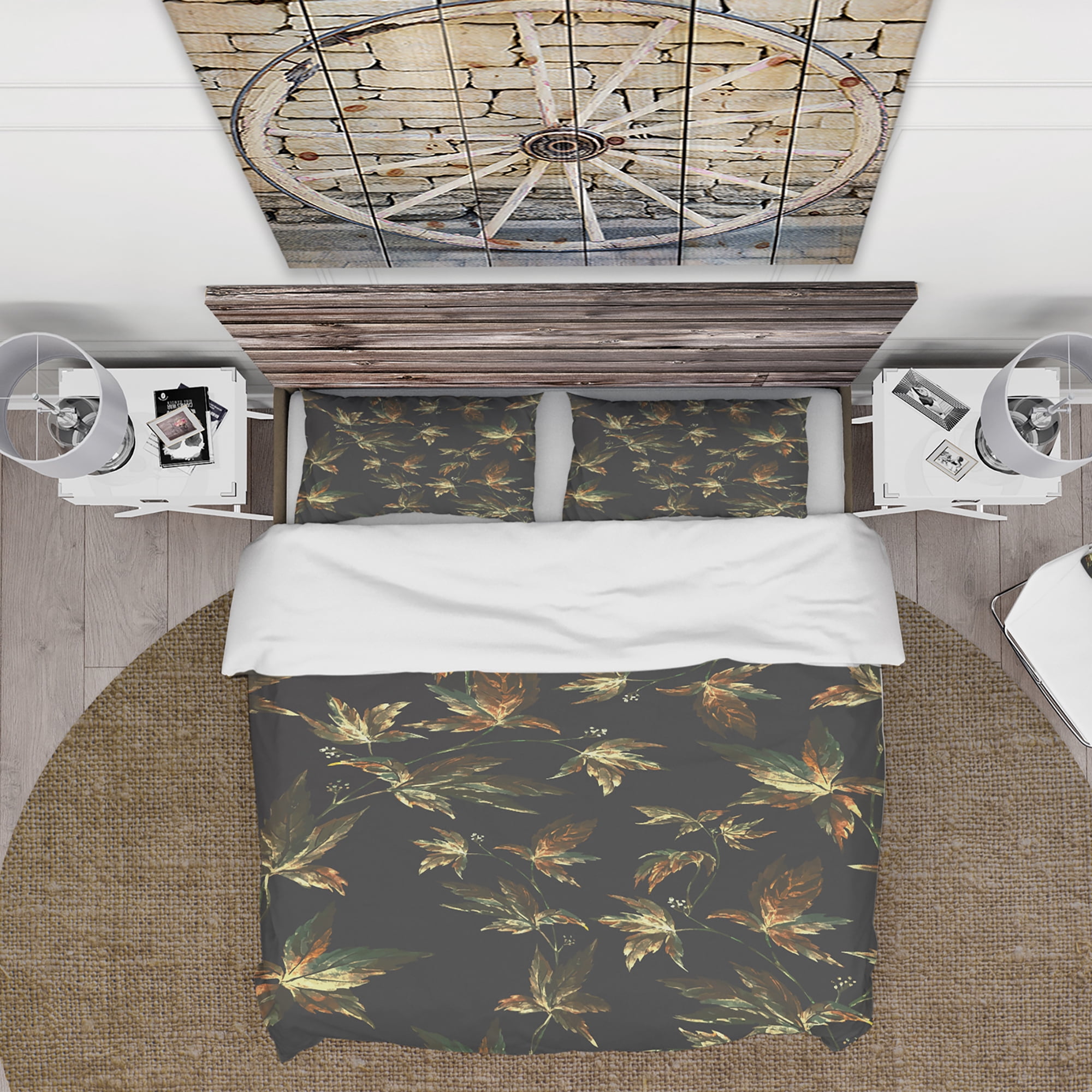 Designart 'Brown and Green Autumn leaves' Vintage Duvet Cover Set