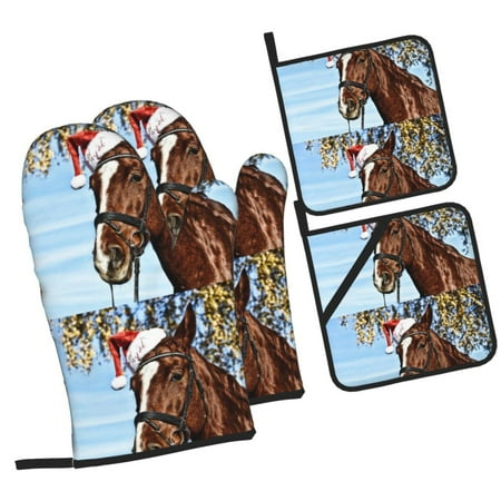 

Balery Christmas Horse Pattern Oven Mitts and Pot Holders 4 pcs Set Kitchen Oven Glove High Heat Resistant 500℉ Oven Mitts with Non-Slip Silicone Surface