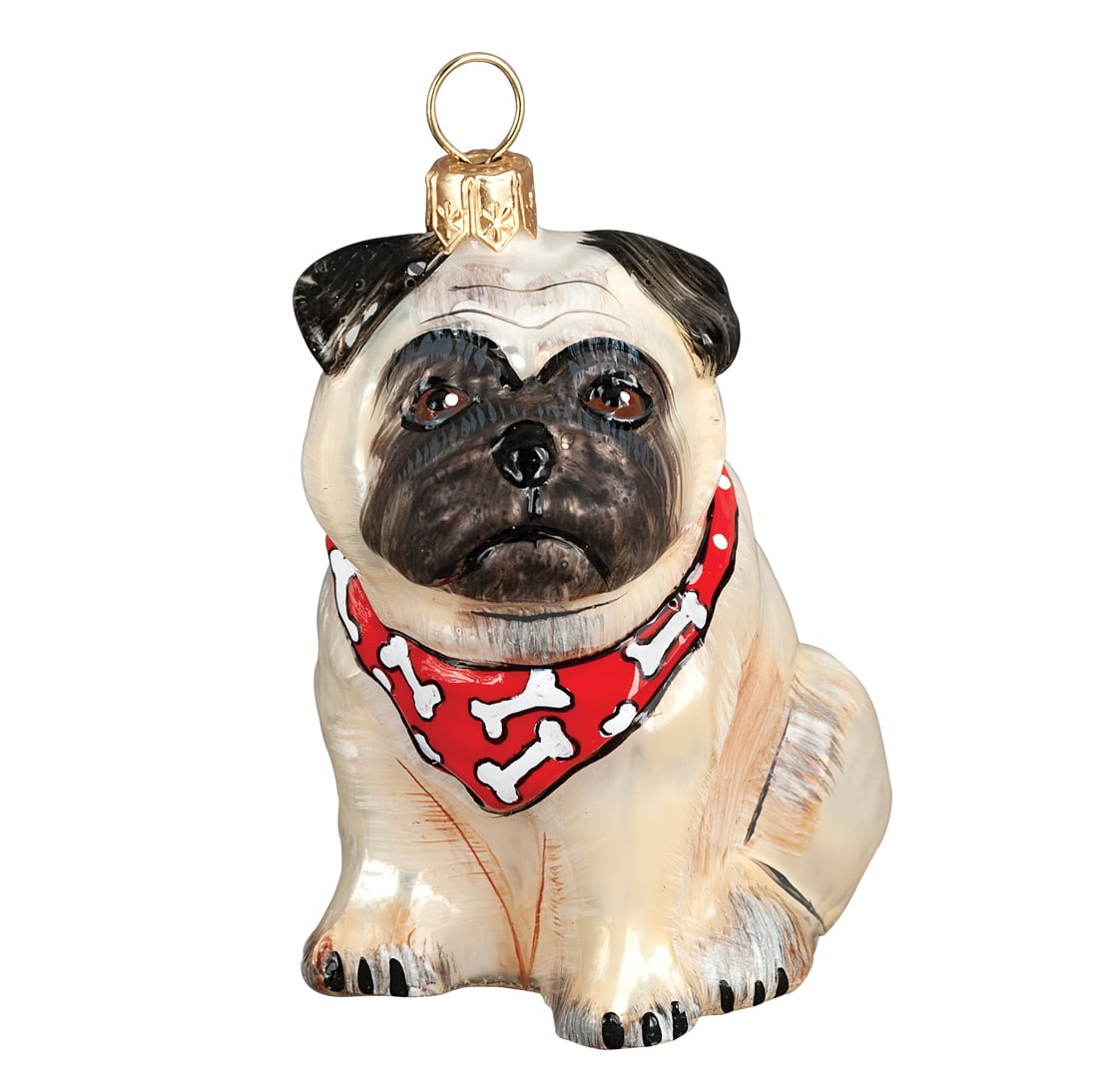 Fawn Pug with Bandana Sitting Dog Polish Blown Glass Christmas Ornament ...