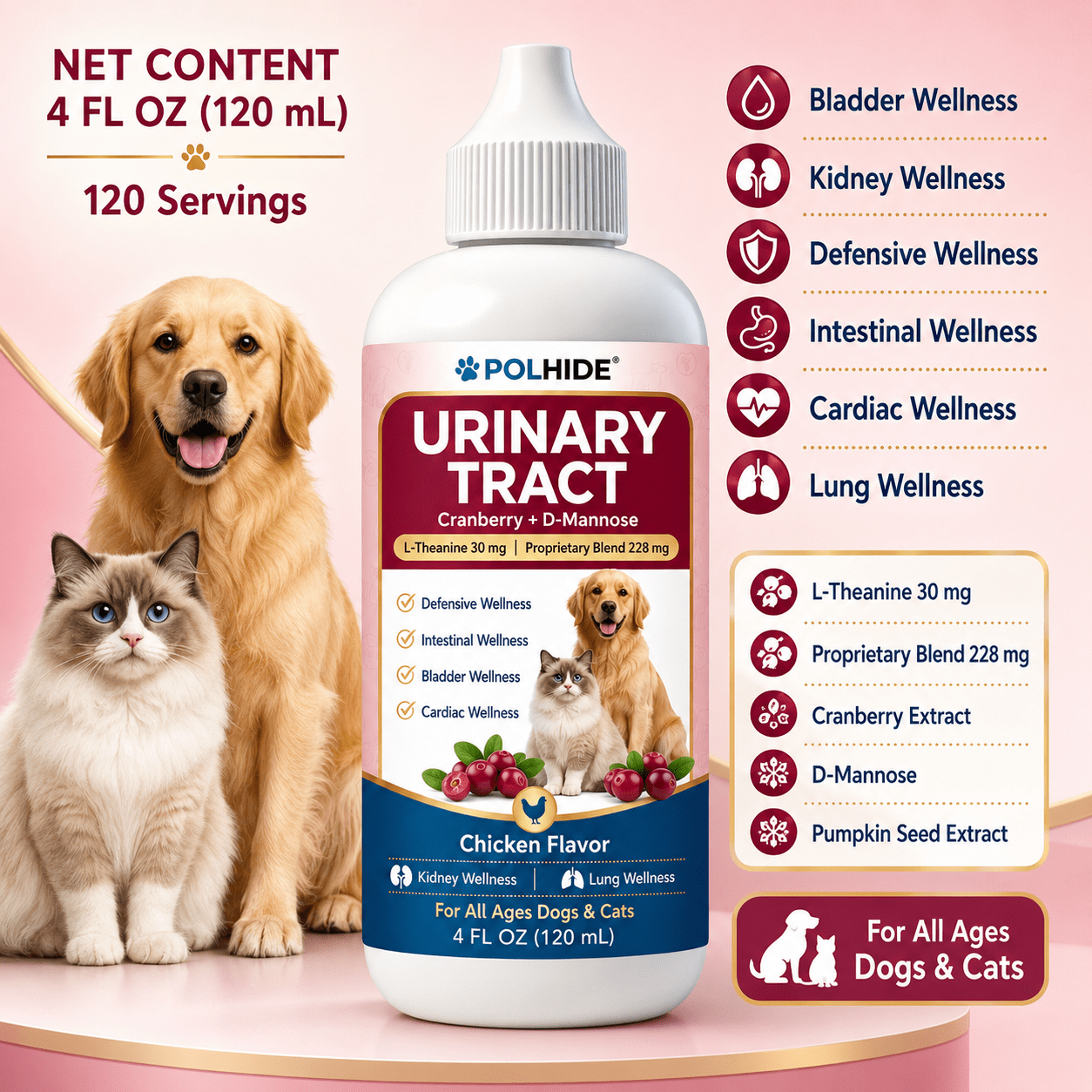 POLHIDE Cranberry Urinary Tract Supplement for Dogs and Cats, Kidney Bladder Health, D-Mannose, Bacon Flavor, 4 fl oz