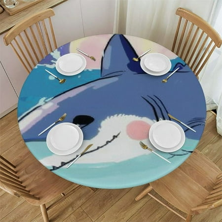 PIKWEEK Round Vinyl Fitted Tablecloth with Flannel Backing Elastic Table Cloth Waterproof Oil-Proof Plastic Table Cover Cute Shark Round Tablecloth