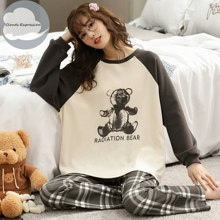 

QWZNDZGR Spring Autumn New Women s Pajamas Sets Long sleeved Cartoon Casual Pajamas Knitted Cotton Home Sleepwear Loungewear Set M-XXXL