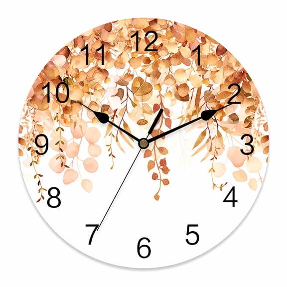 Wall Clock Orange Eucalyptus Clocks PVC Silent Non-Ticking Battery Operated Decorative Watercolor Leaves Round Clock for Home Living Room Kitchen Bedroom Office School Wall Decor 14 Inch