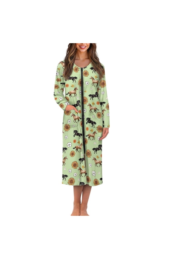Horse Long Sleeve Robes for Women Sunflower Crewneck Loungewear Casual Ladies Bathrobe Sleepwear Green Mid-Length Night Robe Size 3XL Comfy Zipper Front Housecoat