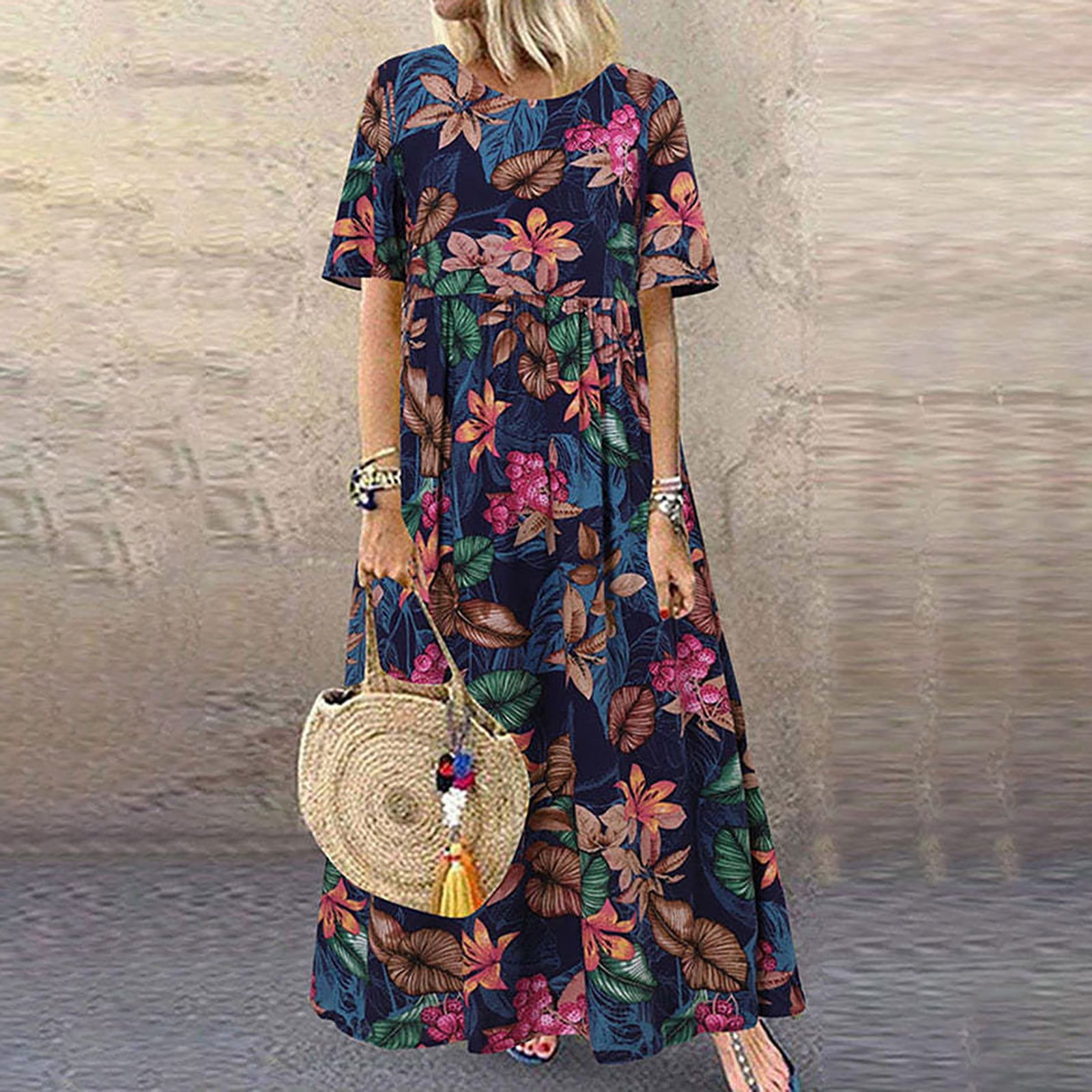 BEEYASO Dresses for Women Short Sleeve A-Line Maxi Loose Fit Floral ...