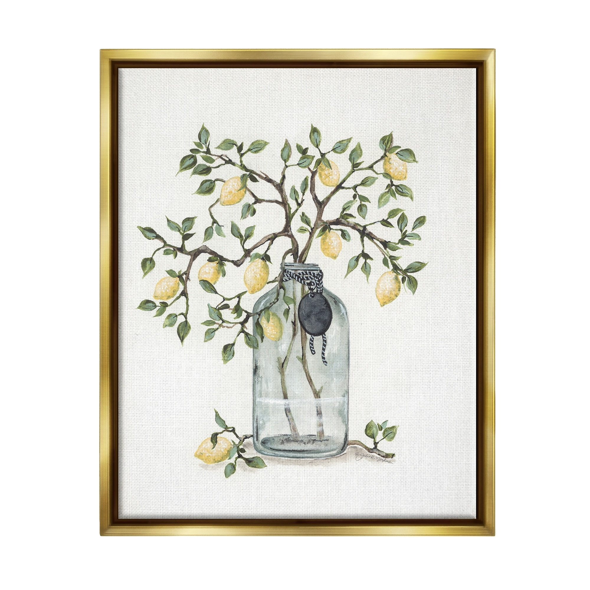 Stupell Industries Dangling Country Lemon Branches Decorated Glass Vase Painting Metallic Gold Floating Framed Canvas Print Wall Art, Design by Julie Norkus