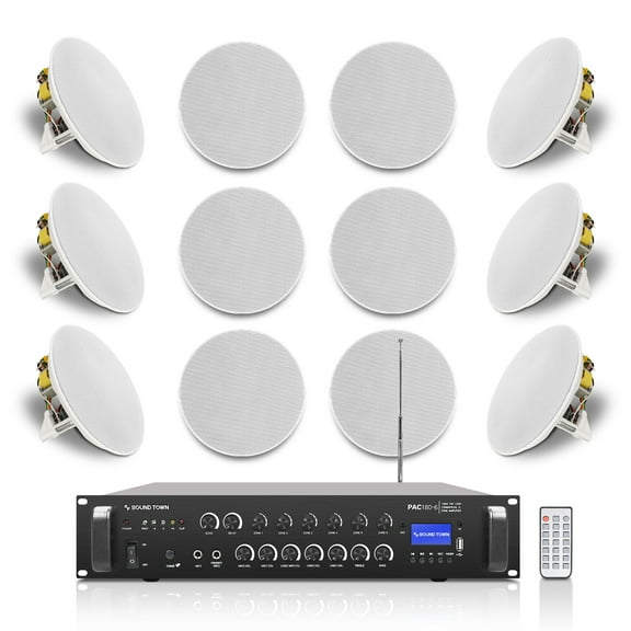 Sound Town Commercial Restaurant Bluetooth Amplifier   in-Ceiling Speaker Set, with One 6-Zone 70V/100V Amplifier with Bluetooth, 12 x Two-Way 8-Inch in-Ceiling Speakers, White (PAC180X12CS8N)