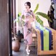 thumbnail image 1 of Cheongsam largo de satén con estampado de agujeros multicolor de otoño, talla grande, estilo retro, ajustado, para banquetes, pasarela, 1 of 6