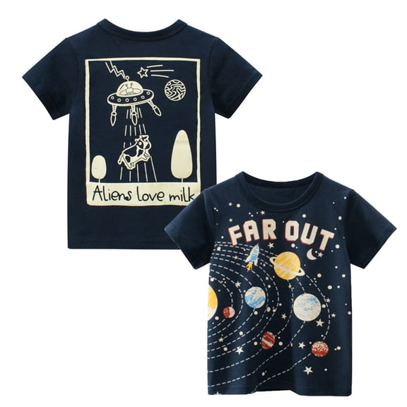 RTKFRFLM Boys' Starry Night Galaxy Graphic T-Shirt Summer Short Sleeve Crewneck Top for Toddlers & Kids Fashionable Space Print Base Layering Tee Soft Breathable Cotton Ages 1-7Y