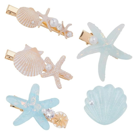 Starfish Shell Pearl Hair Clips Set Glitter Sea Star Barrettes Cute Seashell Ponytail Holder Hair Accessories DIY