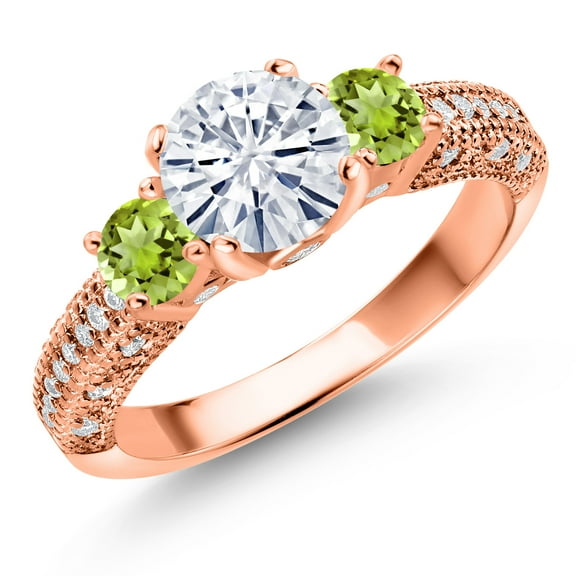 Gem Stone King 18K Rose Gold Plated Silver White Moissanite and Green Peridot Engagement Ring for Women (1.88 Cttw, Gemstone, Round 7MM and 4MM, Size 9)