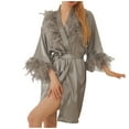 thumbnail image 2 of KIHOUT Women's Feather Trim Bride Kimono Robes Silky Satin Bathrobe Wedding Party Sleepwear, 2 of 8