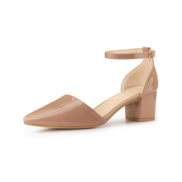 BLISSFUL STEP Women's Closed Pointed Toe Ankle Strap Low Block Heels Pumps Nude (Size 9)