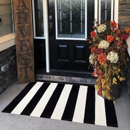 KaHouen Black and White Striped Rug (27.5 x 43 Inches ), Striped Layering Mats, Handmade Woven Indoor Outdoor Doormats Cotton Striped Rug for Kitchen/Laundry/Bathroom/Living Room