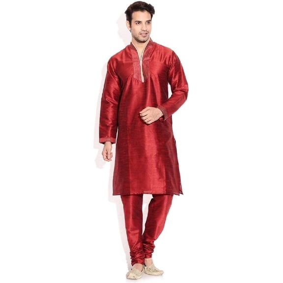 Royal Men's Silk Blend Maroon Hineck Emboirdered Kurta Churidar