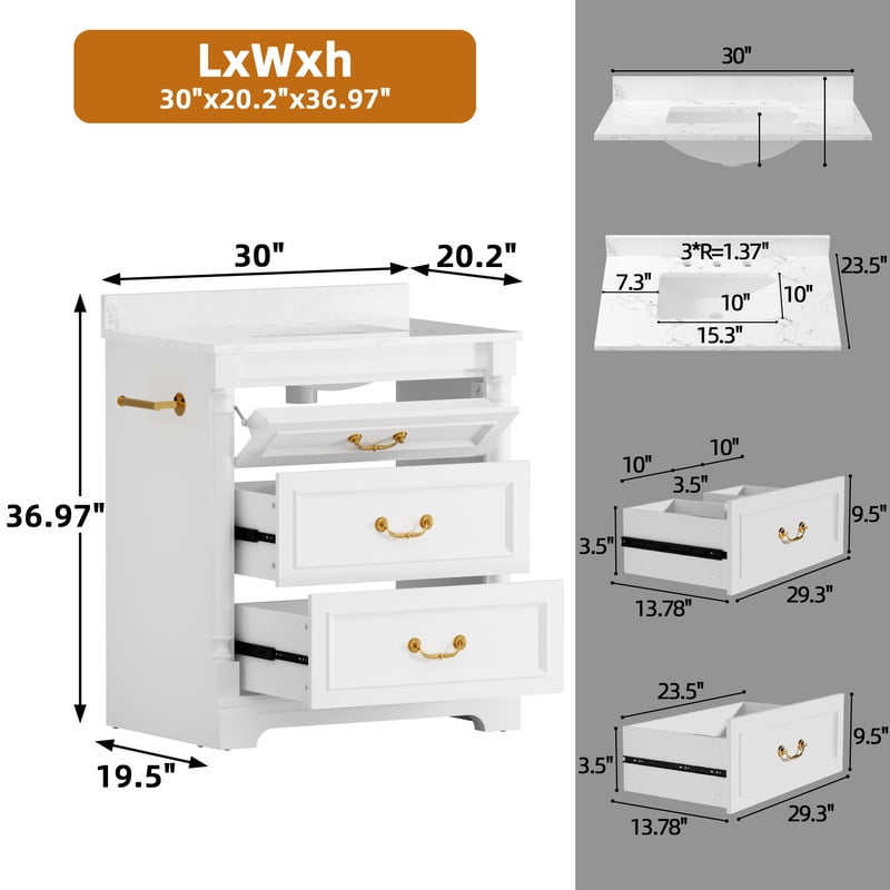 Lacoo 30" White Freestanding Bathroom Vanity with Ceramic Sink, Tilt-Out Drawer & Built-In 4" Backsplash, Gold Hardware Bath Storage Cabinet