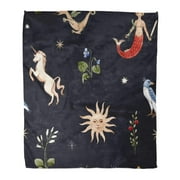 ASHLEIGH Flannel Throw Blanket Watercolor Magic Pattern Unicorn Mermaid Stars and Sun Middle Ages Dragon Red Flower Moon Plants 50x60 Inch Lightweight Cozy Plush Fluffy Warm Fuzzy Soft
