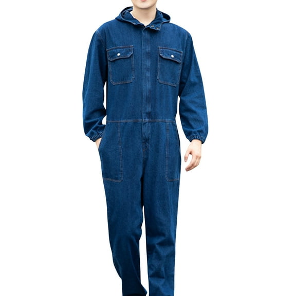 Youthup Big&Tall Men's Casual Solid Denim Utility Jumpsuit with Multiple Pockets for Work & Spring/Fall Wear - Durable Workwear Overalls
