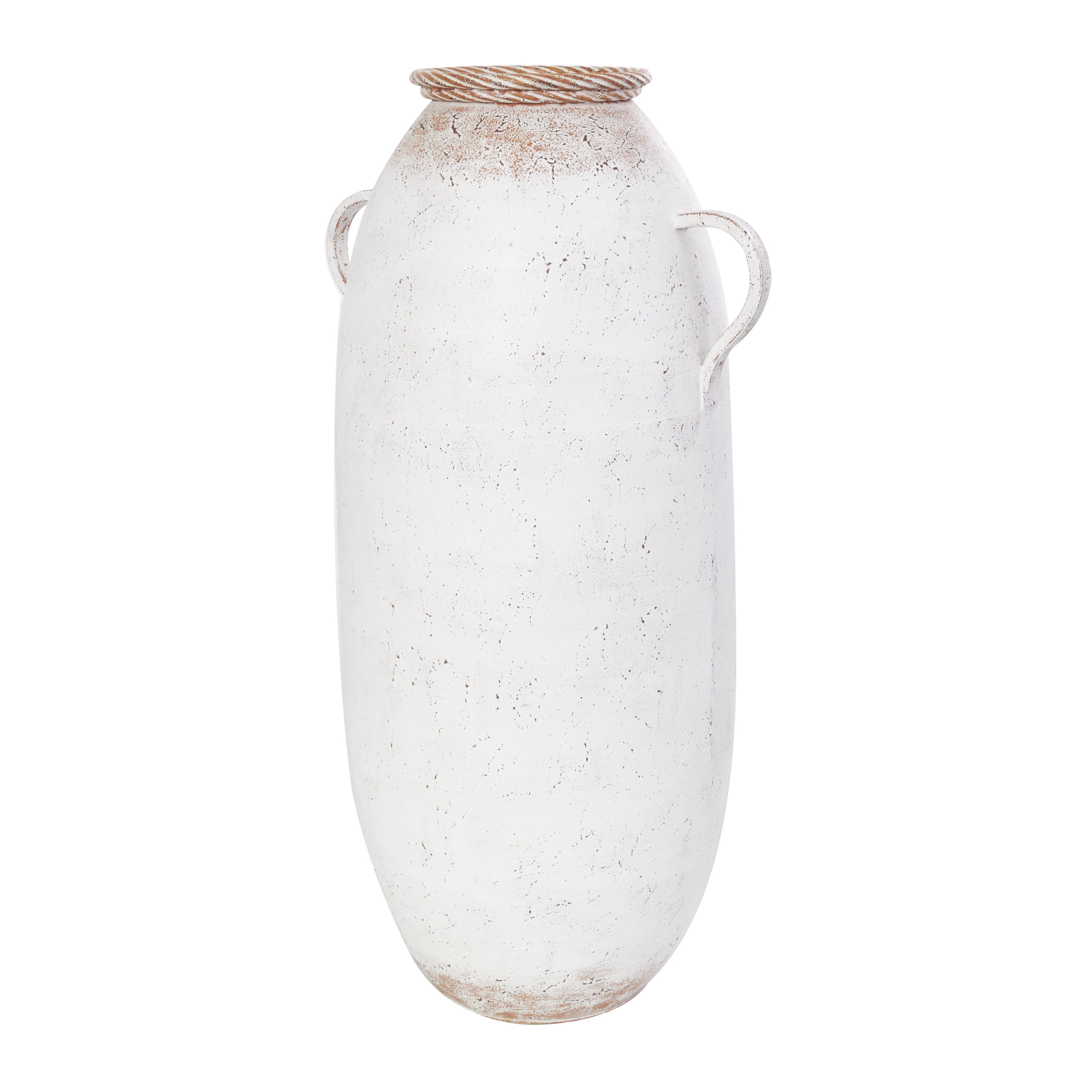 DecMode 28" Antique Style White Metal Vase with Terracotta Accents and Handles